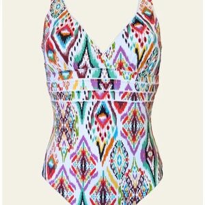 Soraya Swimsuit and coverup in colorful blocked pattern.  Never been worn.